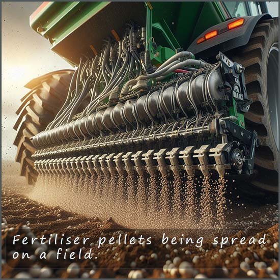 Close up image of a tractor spreading fertiliser pellets on a field